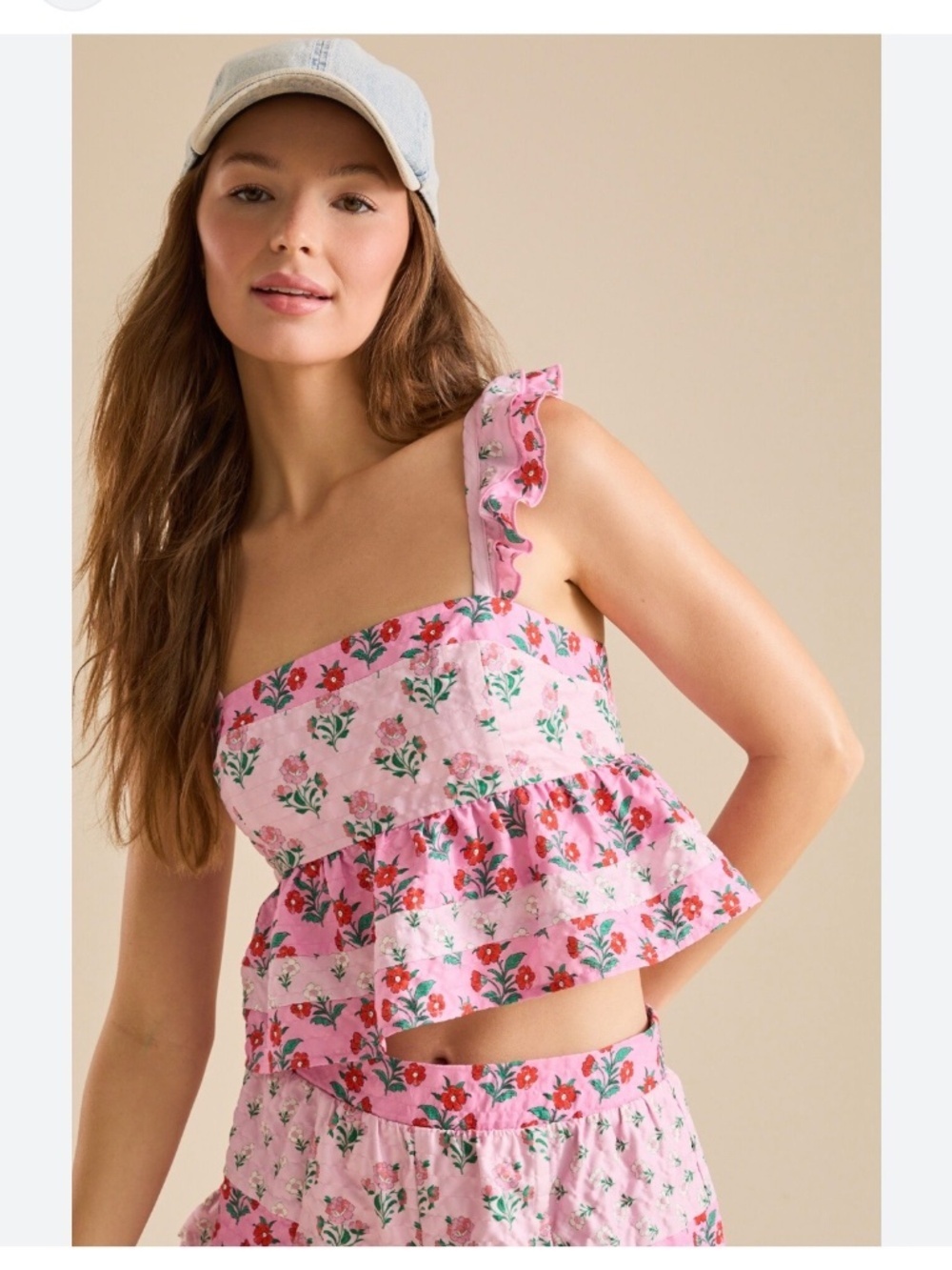Altar'd State Floral Babydoll Tank Top Pink Red Tiered Ruffles Vacation Sz Large